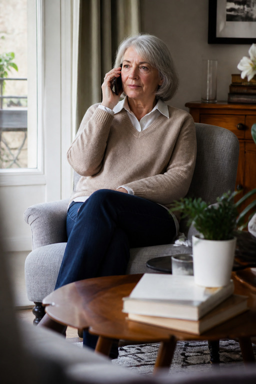 Une personne âgée au téléphone chez elle, échangeant calmement.